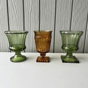 VTG Indiana Glass Avocado Green Pedestal Vases + Amber Mount Vernon Set